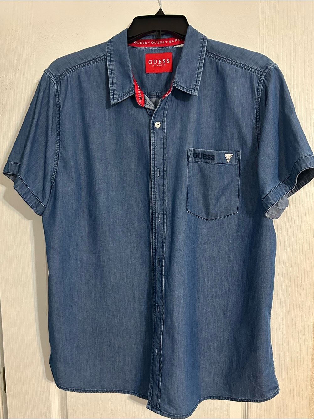 GUESS Blue Short-Sleeve Denim Button-Down Shirt- Women’s XL